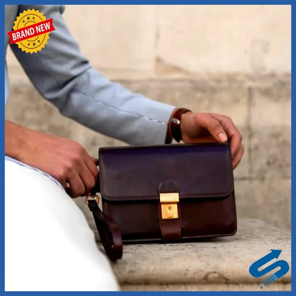 Italian Leather Briefcase Wristlet Organizer Bag for Men